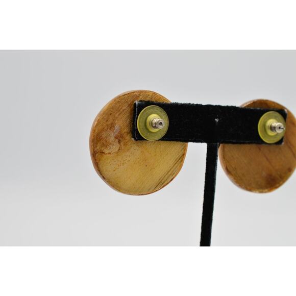 Vintage Round Earrings Handcrafted Lacquered Wood Reptile Snake Print NOS 80s 9D - Picture 8 of 9